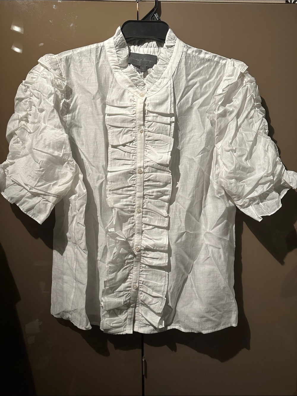 White Ruffle Front Puff-Sleeve Blouse